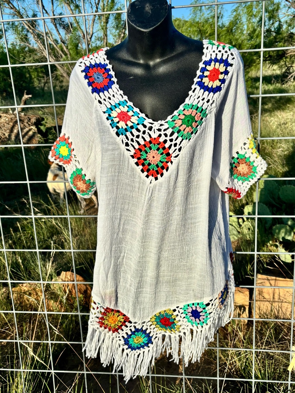 India Boutique White Crochet Tunic with Multicolor Floral Motifs Never Worn